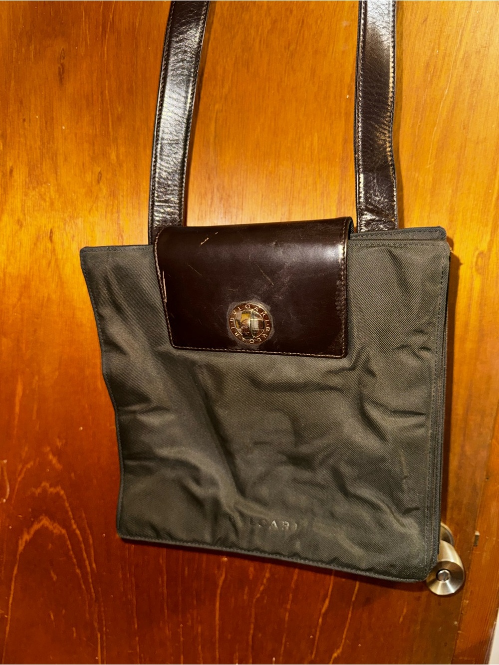 Bulgari Black Canvas Shoulder Bag with Dark Brown Leather Flap